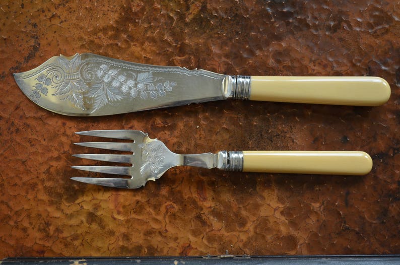 Antique Ivory Handled Fish Fork and Knife Serving Set Etsy