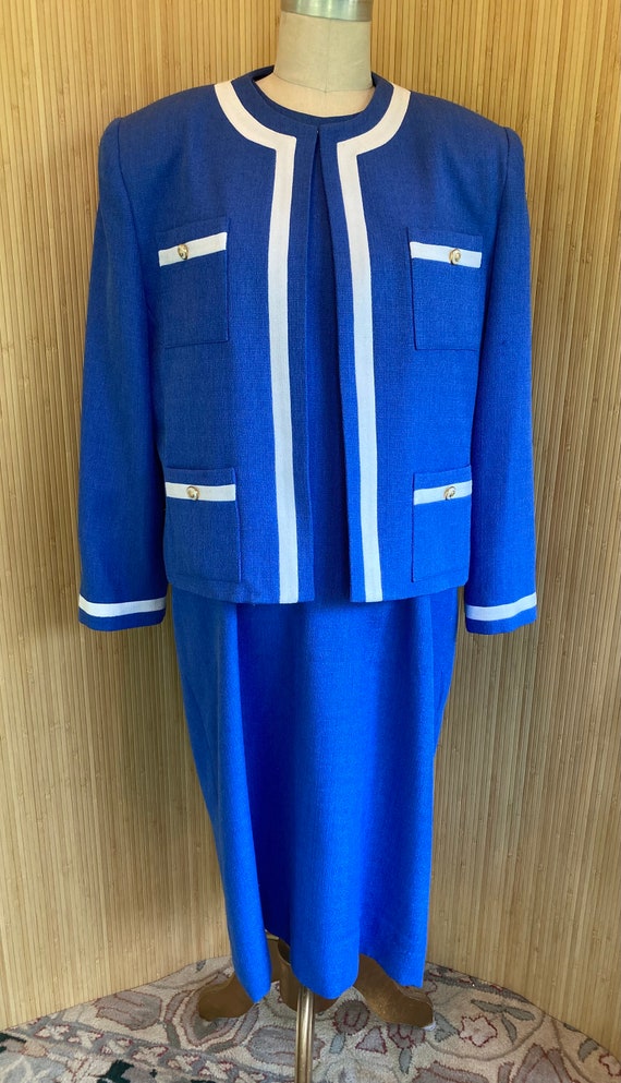 Vintage Blue & White Geometric HENRY LEE PETITES 2pc. Skirt Suit Set - 6P