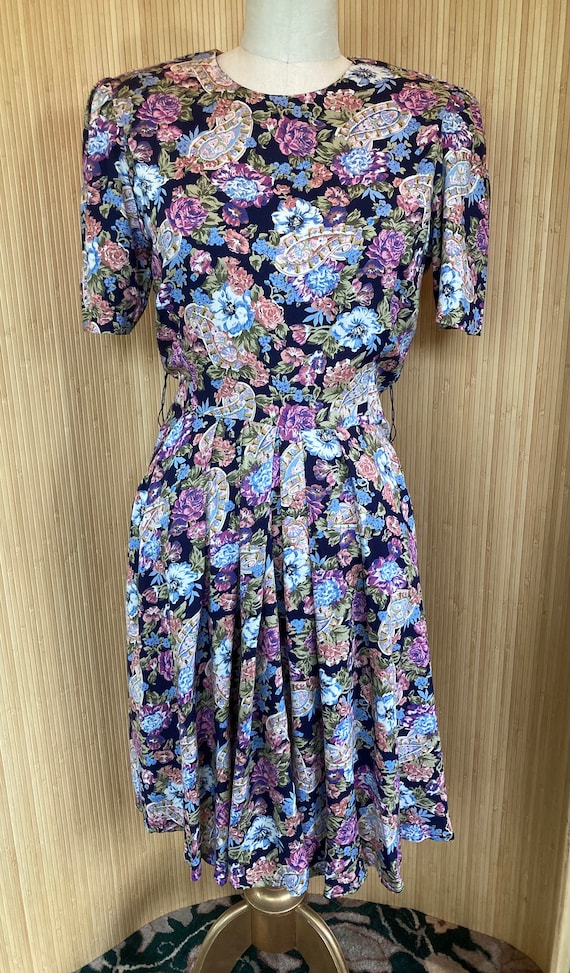 1980s Geoffrey Craig Dark Floral Dress