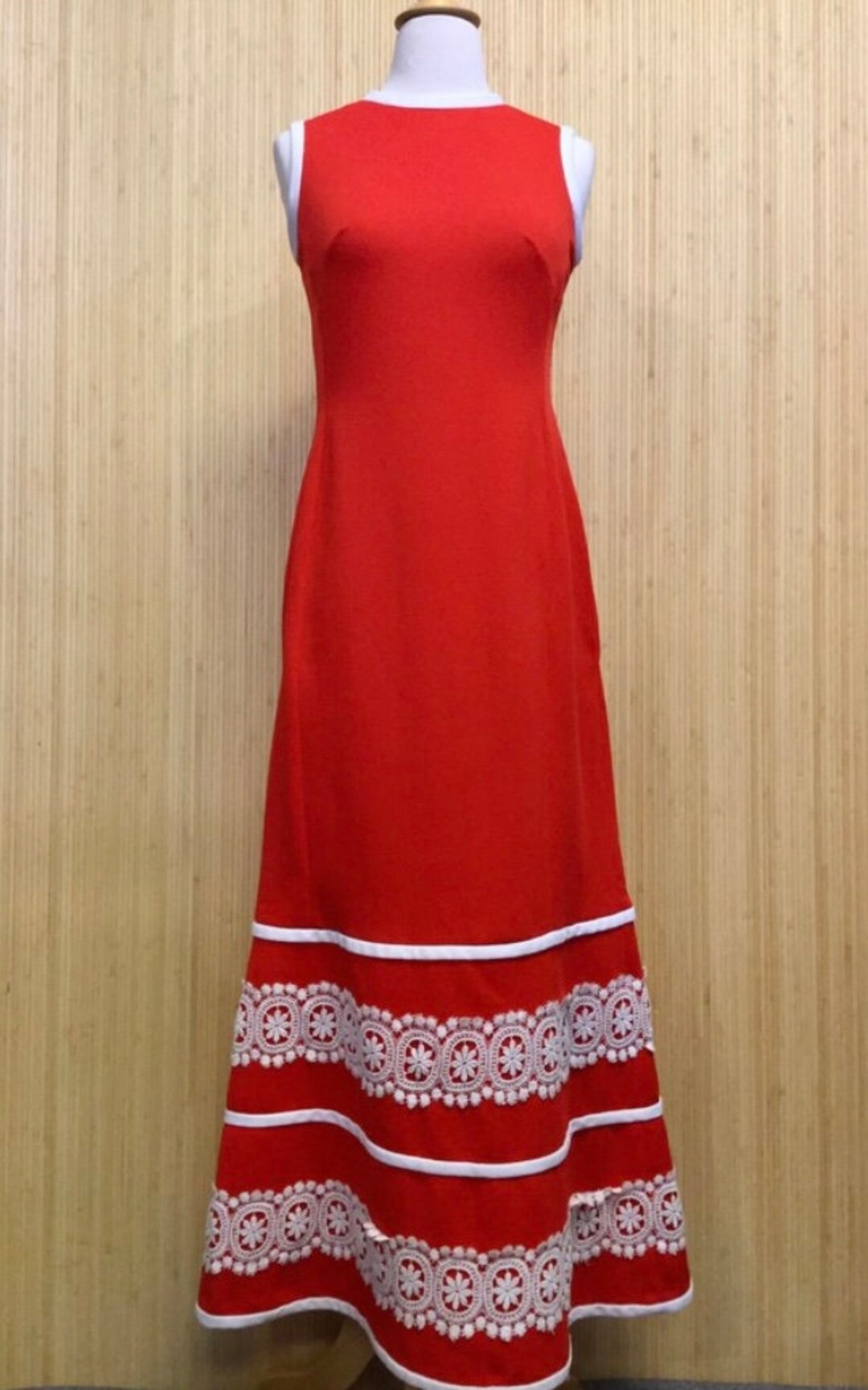 VINTAGE 60s 70s CREAM RED EMBROIDERED LACE STRIPED BOHO FOLK MAXI DRESS 10 main image 0
