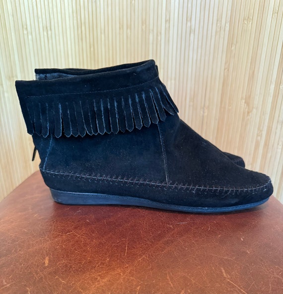 1980s Hunters Run Fringed Low Heeled Black Suede … - image 2