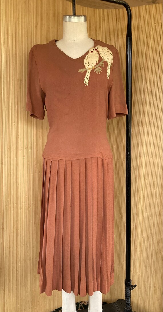 Late 1930s/late 1940s Pleated Parrot Dress by Junior Carlye