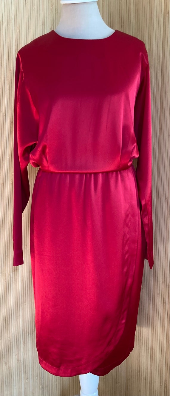 1980s Liz Claiborne Red Satin Tulip Hem Dress