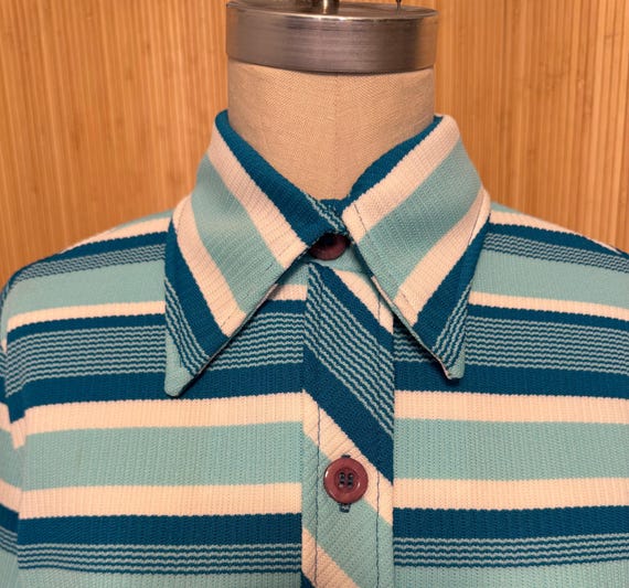 70s Striped Polyester Knit Button Front Short Sle… - image 2