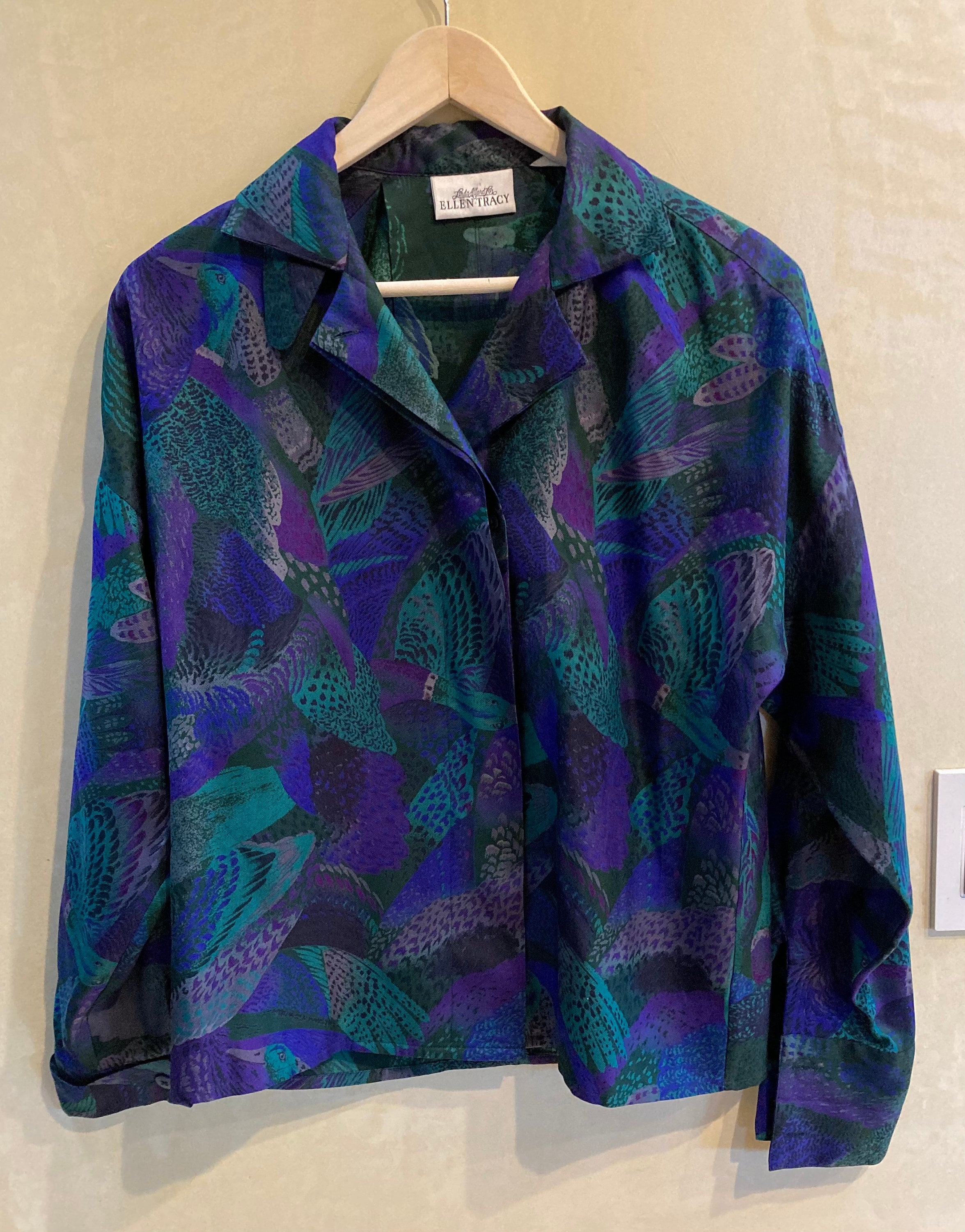 Chemisier Ellen Tracy Femme Taille M - Beige Avec Motifs Cercles Verts Bleus Blancs - Occasion Très Bon état