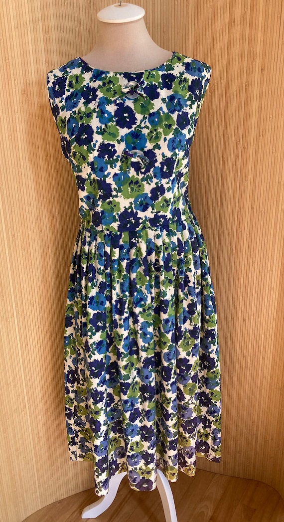 1950s Blue Green Floral Print | XS