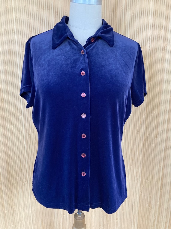 1990s Moda Intl Dark Navy Blue Velvet Shirt