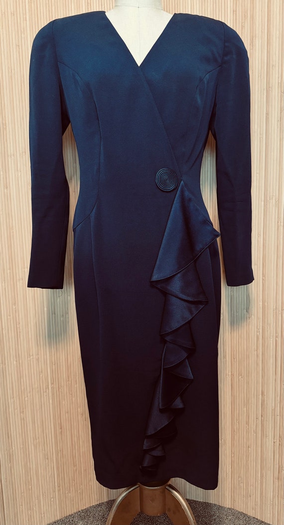 1980s Daymor Navy Satin Flounce Dress