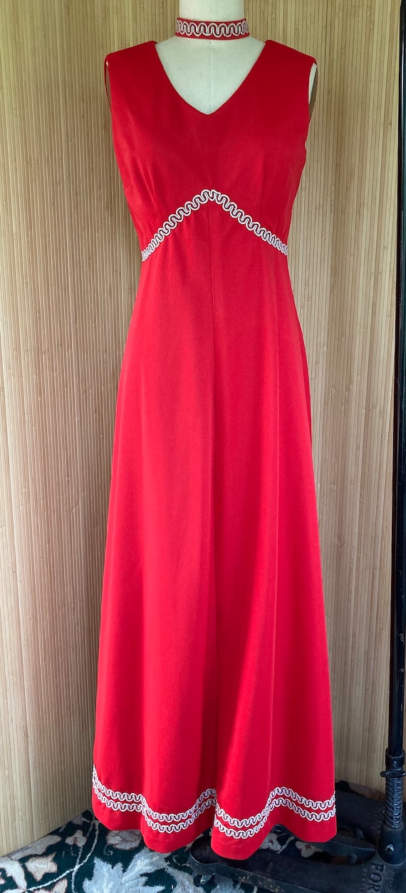 Vintage Red Maxi Dress with Silver Trim