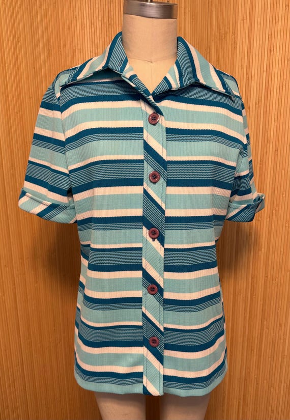 70s Striped Polyester Knit Button Front Short Sle… - image 1