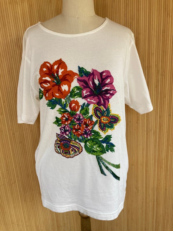 1990s Casual Corner Beaded Floral T-shirt