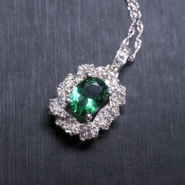 Emerald Necklace Silver - May birthstone pendant , Luxury Halo Emerald Pendant White Sapphire 1 ct Emerald Gemstone Square Necklace