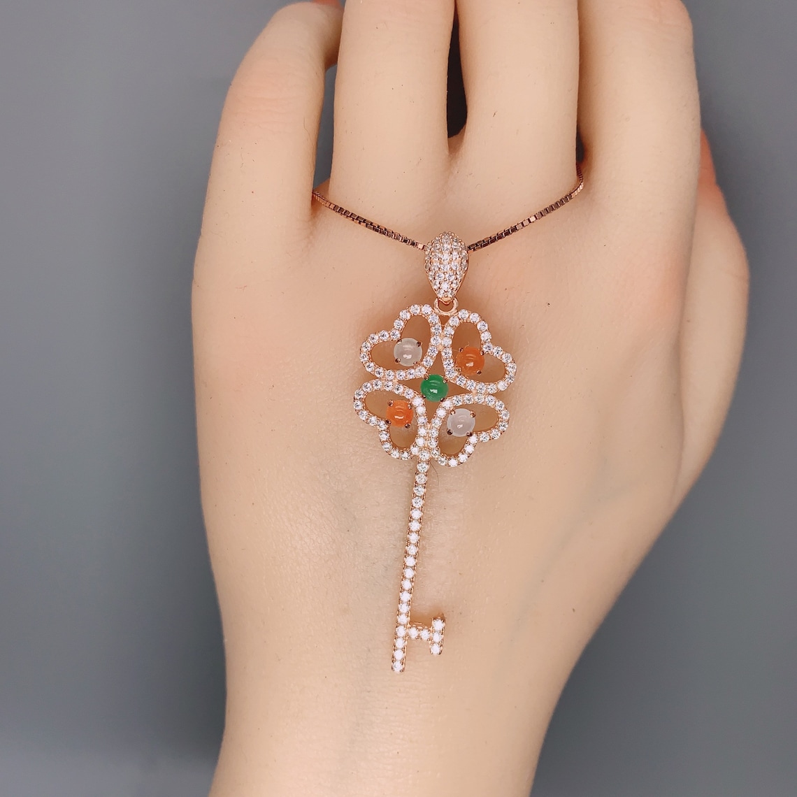 Genuine Different Color Jade Key Necklace Rose Gold Coated Etsy