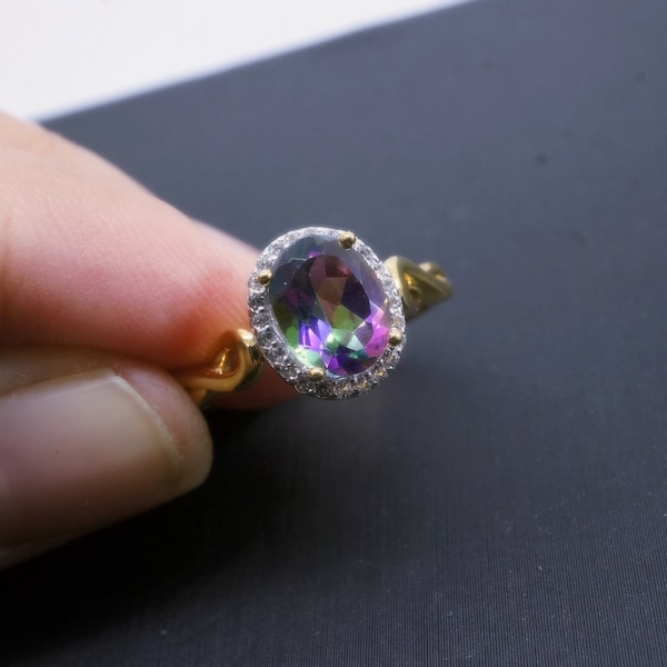 Genuine Mystic Rainbow Topaz Ring - 24k Gold Plated sterling silver Halo Topaz Ring