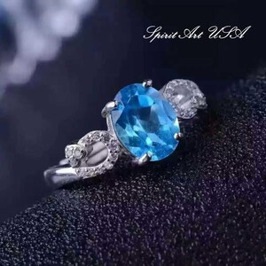 Natural Swiss Blue Topaz Ring, Sterling Silver Engagement CZRing , Fine Topaz Gemstone Ring. Halo Solitaire Blue Topaz Ring
