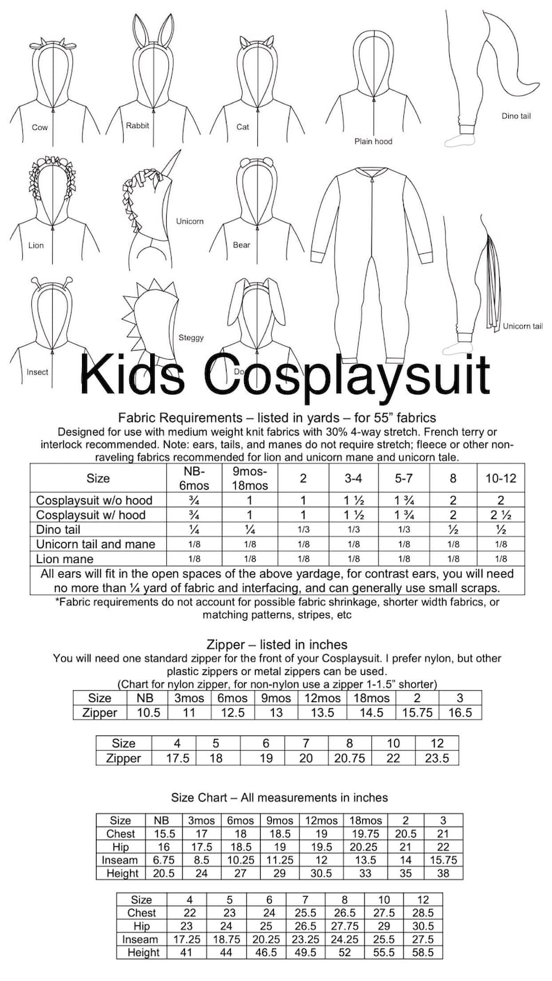 Kids Cosplaysuit PDF Sewing Pattern, bodysuit, pajamas, costume, hood, dinosaur, dog, cat, bunny, unicorn, lion, insect, bear, cosplay image 10