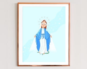 The Miraculous Virgin Illustration Art Matte Posters. Cartoony virgin Religious image Print Wall Art. Virgin Mary Illustration Art
