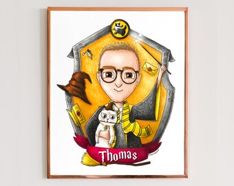 Harry Potter Theme Custom Illustration. Hogwarts Portrait. Gryffindor, Slytherin, Hufflepuff, Ravenclaw Drawing - Digital File Only