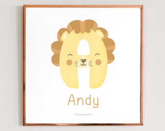 Lion Letter Print, lion Initial Digital Print, baby boy Nursery Wall Art, Monogram Baby boy Room Decor