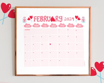 FEBRUARY 2024 Calendar printable, valentines Monthly Calendar, Month Calendar, Spanish and English Version -Instant Download