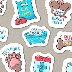 May include: A set of nine colorful stickers with illustrations and text related to pet care. The stickers feature a dog bone, a bowl of food, a dog taking a bath, a dog getting its teeth brushed, a dog getting its nails trimmed, a dog getting its hair trimmed, a calendar with a vet symbol, a pill bottle, and a bag of dog food. The text on the stickers includes "Walk Time", "Buy Food", "Bath Time", "Brush Teeth", "Trim Nails", "Trim Hair", "Vet", "Medicate", and "Buy Treats".
