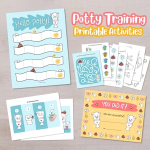 Pode incluir: Um conjunto de atividades imprimíveis para o treinamento do penico. Inclui um gráfico com rolos de papel higiênico e adesivos de estrelas, um labirinto, páginas para colorir e um certificado "You Did It!" com um desenho de vaso sanitário.