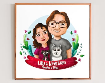 Couple portrait. Cartoon illustration. Unique wedding gift. Custom drawing.  Paper anniversary. couple drawing -Digital file only-