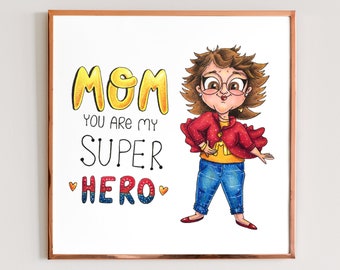 Custom cartoon portrait Super mom. Mother's Day Custom art. Mother's day gift. Mum print. Mom Boss. #1 Mom cartoon  -Digital File Only-