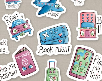 Travel printable Stickers, Book Flight Ticket, Planning Holidays Passport Stickers, Plan Trip, Printable Planner Stickers - Instant Download