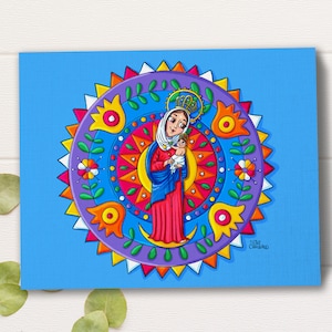Chiquinquirá Virgin Illustration Art Canvas Gallery Wraps. Colorful Chinita Religious image Canvas Print Wall Art. Virgin Mary Wall Decor