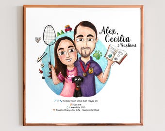 Custom Couple and Pet Portrait - Cartoon Illustration (Digital File)