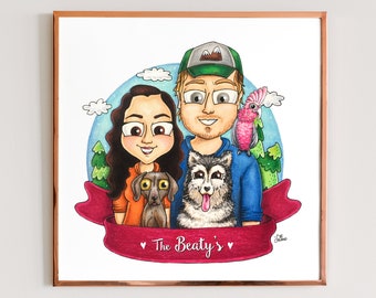 Couple portrait with pet. Cartoon illustration. Unique wedding gift. Custom drawing. Dog and Cat Drawing. couple drawing -Digital file only-