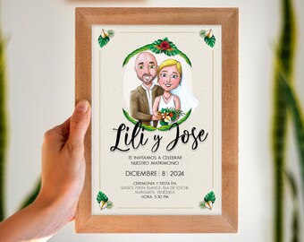 Wedding Invitation illustration. Custom wedding card Drawing. Bride and Groom art. Cartoon Wedding Portrait fun invite  -Digital File-