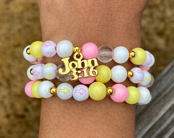 Pink and Yellow Bead Bracelets, Cross Bead Bracelets, Easter Jewelry Bracelets, Beaded Bracelets for Women, Christian Bracelets