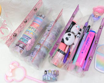 Double Pencil Case in PVC Glitter Clear with colored star band / pencil case / pen holder / make up organizer