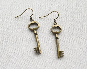 Brass Key Earrings, Handcrafted Brass Earrings, Key Earrings