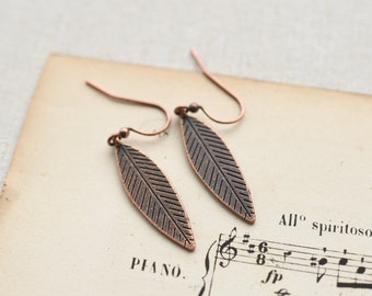 Oxidized Copper Leaf Earrings - Copper Bead Earrings - Copper Earrings