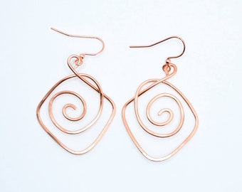 DIAMOND SHAPED Spiral Copper Earrings - Copper Earrings - Copper Wire Earrings - Hammered Copper Earrings - Handcrafted Copper Earrings