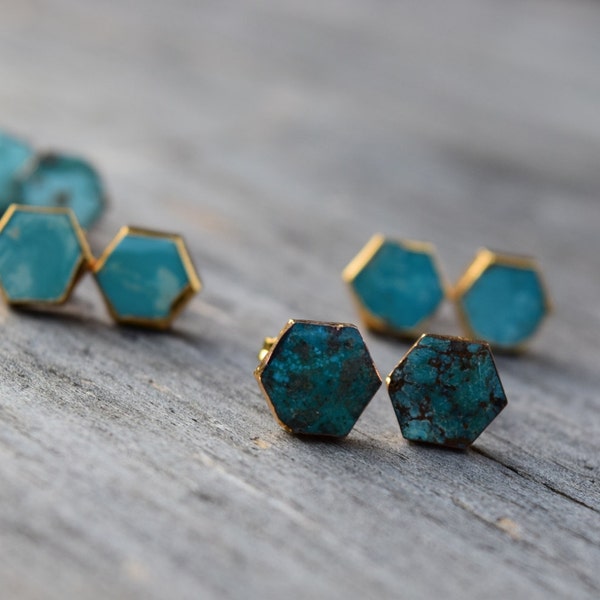 Turquoise Stone Stud Earrings, Hexagon Blue Turquoise Earrings, Boho Chic, Gold Plated Bezel Natural Stone Stud Earrings, Blue Bridesmaid