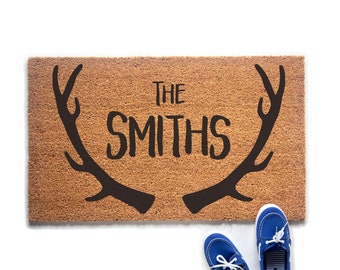 Custom Doormat | Personalized Welcome Mat with Deer Antlers | Deer Decor | Last Name Doormat | Couples Gift | Anniversary Gift | Urban Owl