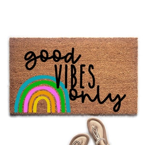 Good Vibes Only Doormat, Cute Boho Rainbow Welcome Mat, Housewarming Gift, Hostess Gift, Boho Decor