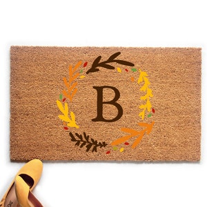 Fall Wreath Monogram Doormat, Autumn Welcome Mat, Fall Outdoor Decor, Personalized Doormat, Custom Welcome Mat