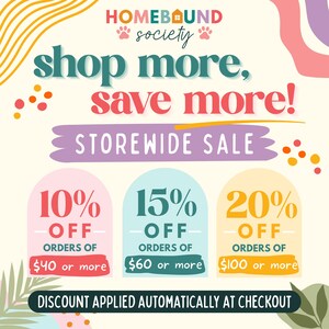The image is an advertisement for a storewide sale, featuring colorful graphics and text promoting discounts on orders of $40 or more.
