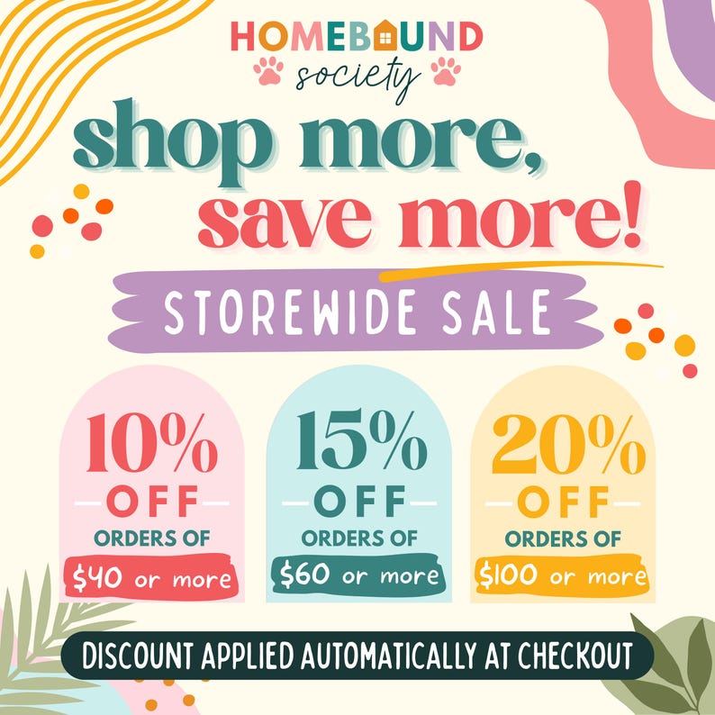 The image is an advertisement for a storewide sale, featuring colorful graphics and text promoting discounts on orders of $40 or more.