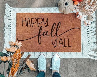 Happy Fall Y'all Doormat, Autumn Welcome Mat, Seasonal Outdoor Decor, Cute Modern Fall Door Mat, Custom Doormat, Thanksgiving Decor