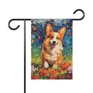Pembroke Welsh Corgi Floral Yard Flag, Double Sided Garden Flag, Outdoor Garden Decor, Aussie Digital Art, Corgi Gift, Dog Portrait