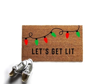 Let's Get Lit Doormat | Funny Christmas Welcome Mat | Christmas Decor | Winter Decor | Christmas Lights Door Mat