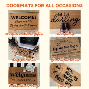 six different door mats with various messages and designs, including a welcome mat, a door mat with a message, a dog mat, a mat with a message, a mat with a message, and a mat with a message. The mats are arranged in a grid format, with each row containing three mats. The text on the mats varies, but they all convey a welcoming and humorous message.