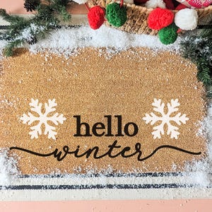 Hello Winter Snowflake Holiday Door Mat, Christmas Welcome Mat, Christmas Decor, Winter Doormat, Front Porch Door Mat, Entry Rug image 1