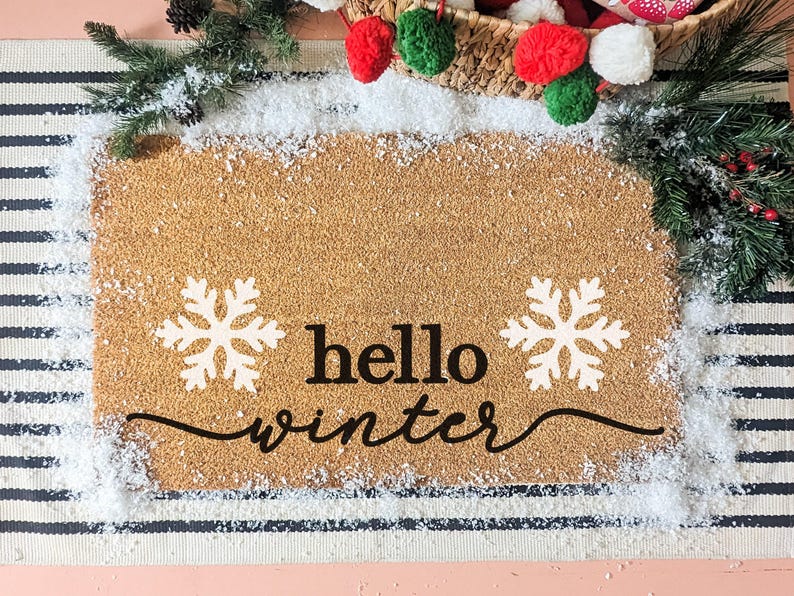 Hello Winter Snowflake Holiday Door Mat, Christmas Welcome Mat, Christmas Decor, Winter Doormat, Front Porch Door Mat, Entry Rug image 1